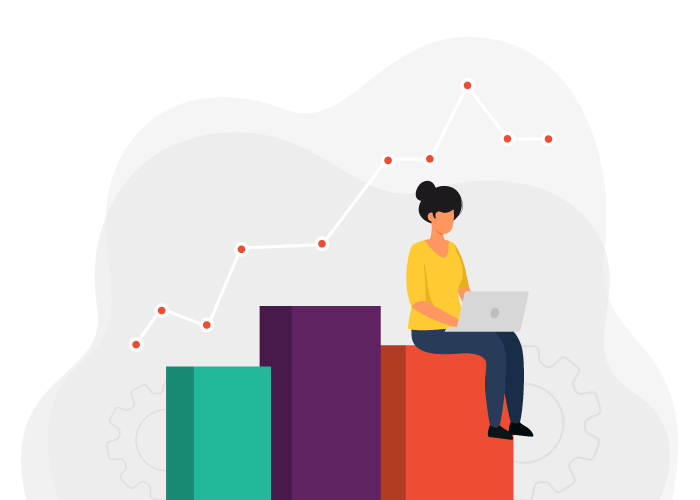 Grey circular background with three bars from a bar chart, a woman sitting on the third bar with a laptop. A line graph line is above her head. 