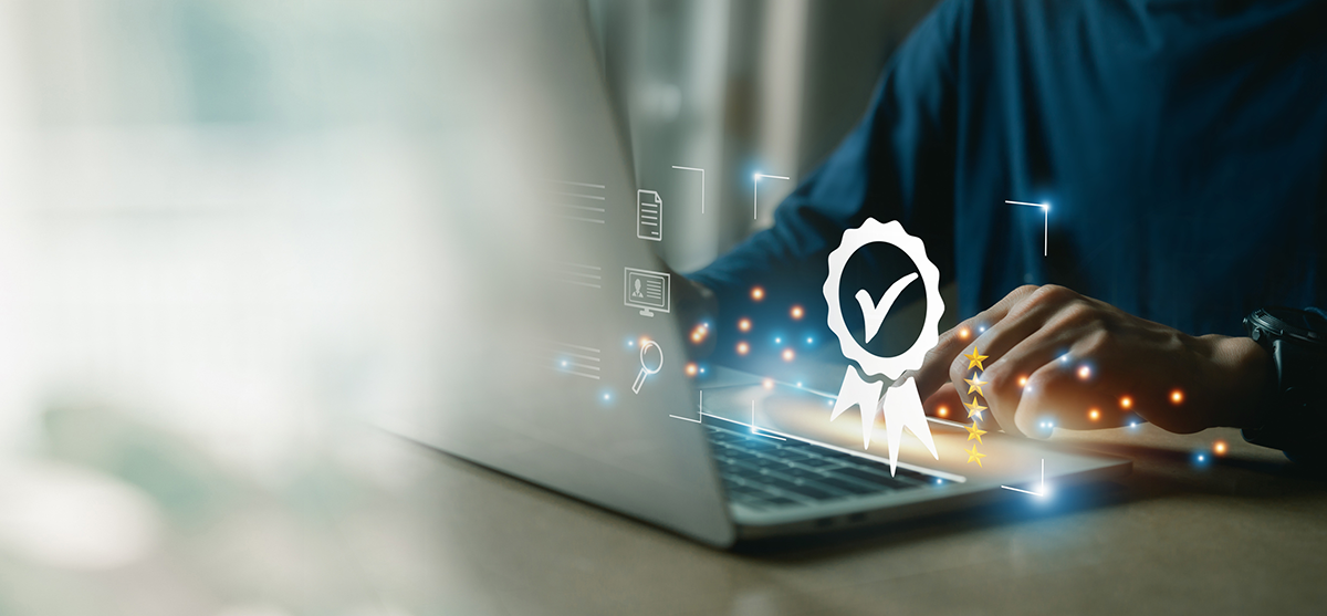 Open laptop with a check mark illustration hovering above it