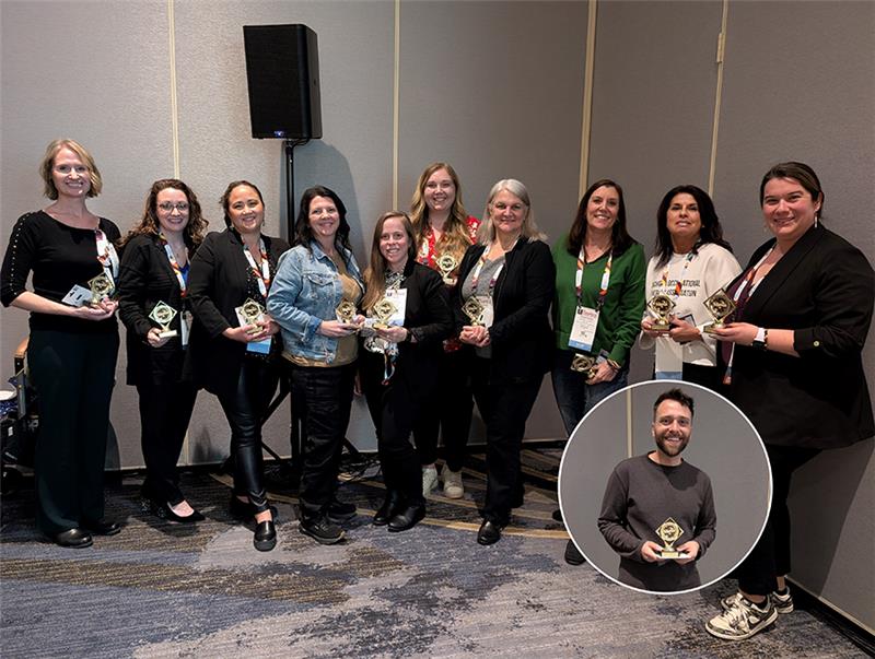 Ten people holding trophies with one inset picture of a male holding a trophy.
