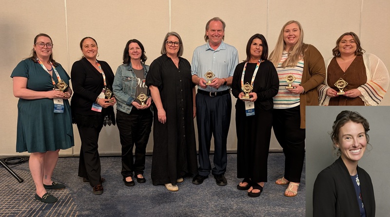 Eight people holding trophies with one inset picture of a female.