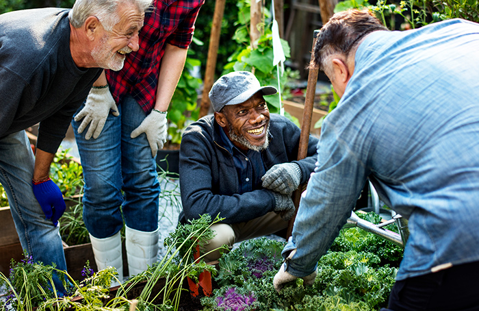 Older man kneeling down in garden smiling up at man in front of him gardening with others around