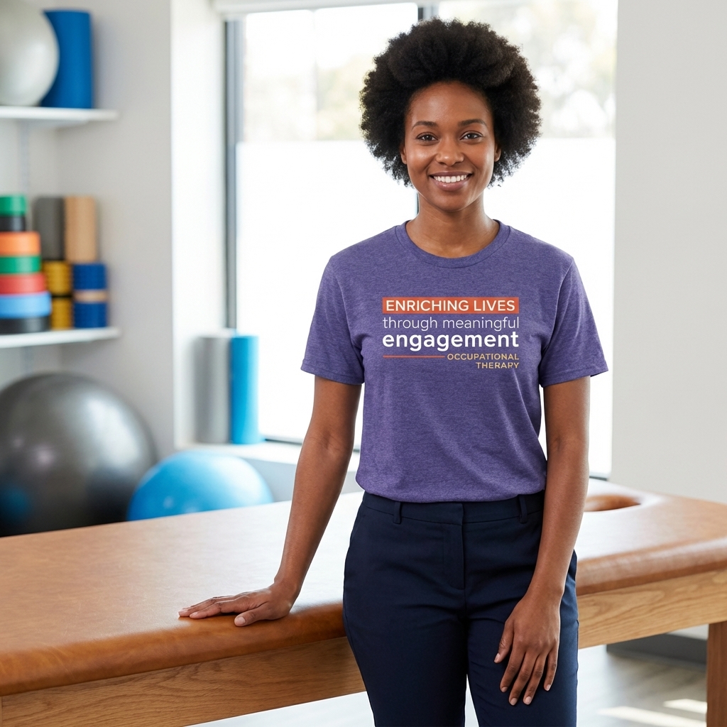 Woman standing next to table wearing an OT Month tshirt