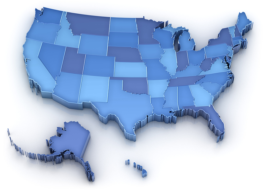 Blank map of the United States of America with varying shades of blue