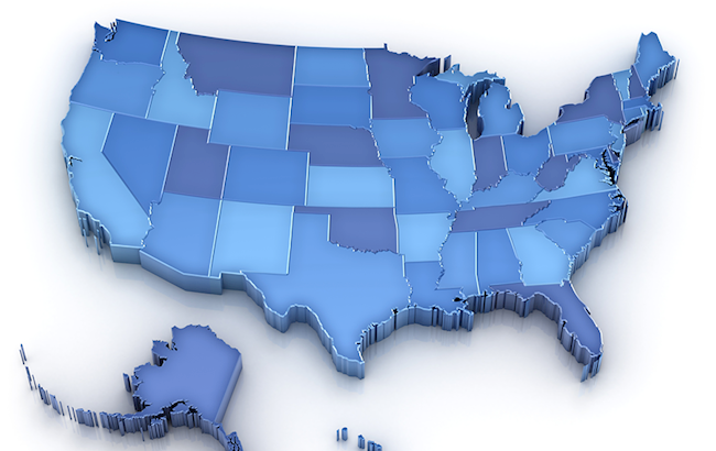 Blank map of the United States of America with varying shades of blue