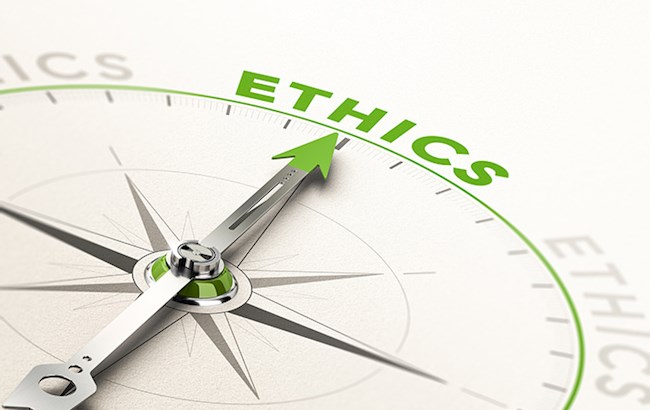 Compass with arrow pointing to the word ethics