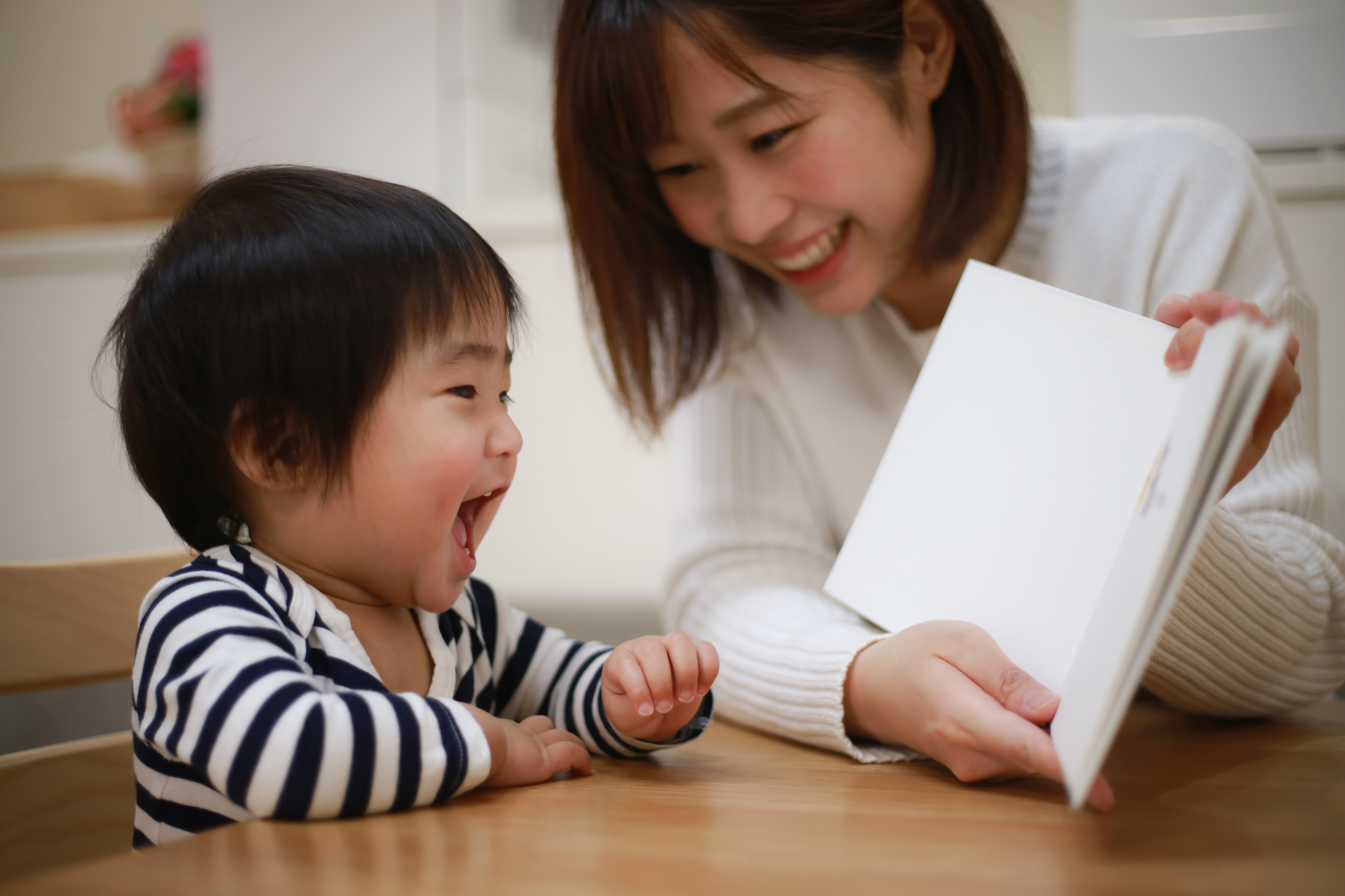 Mother and toddler reading together.