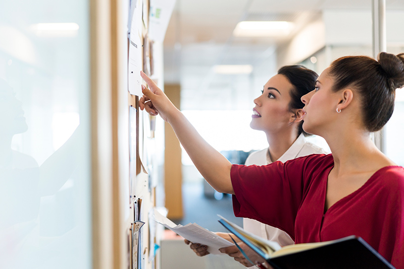 Two professional women holding binders looking at bulletin board