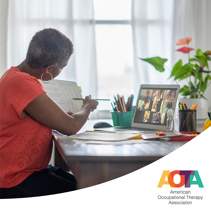 Woman sitting at desk during virtual meeting at laptop showing people on screen a spreadsheet