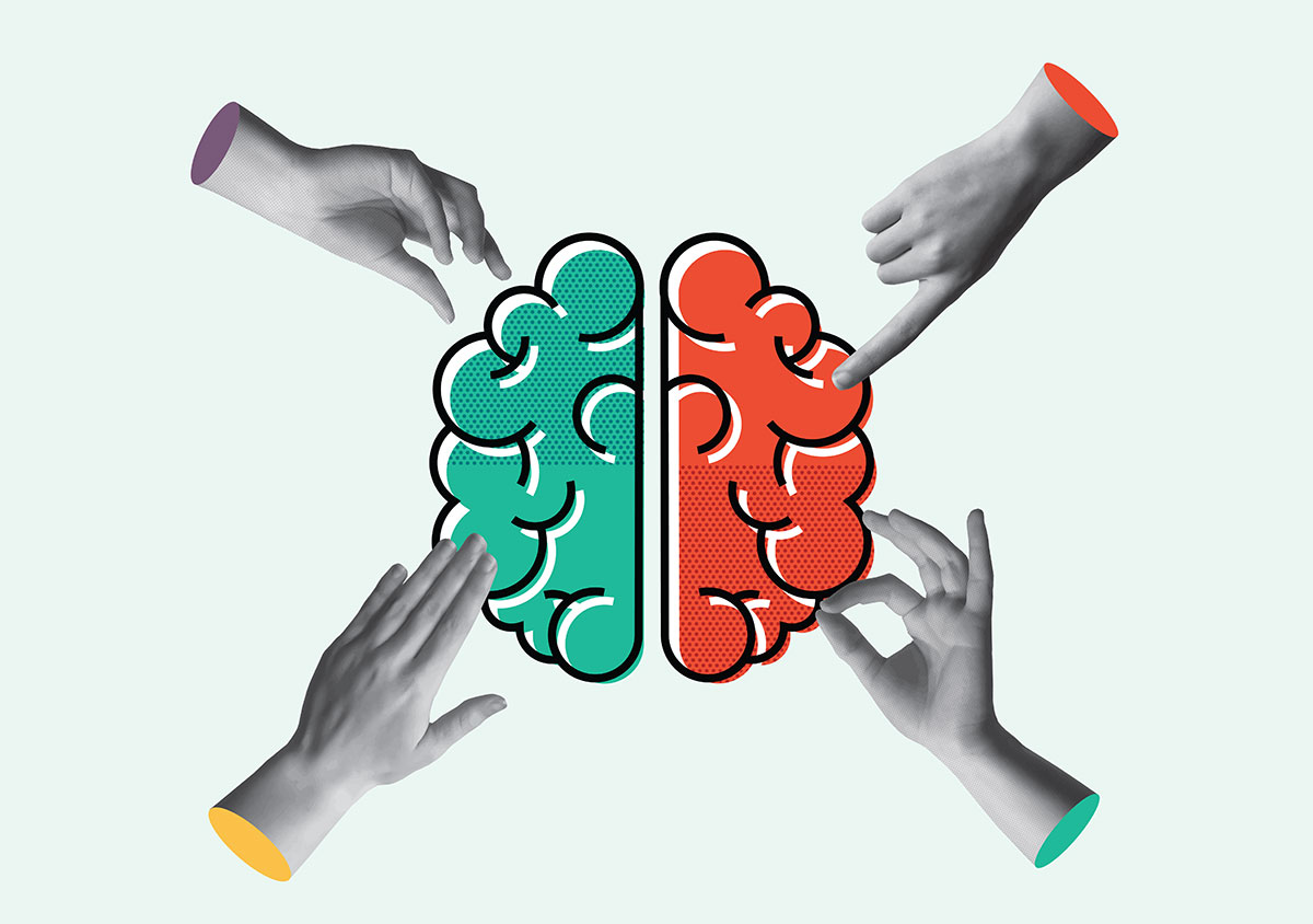Illustration of both sides of a brain - one red and one green with four detached hands pointing at it