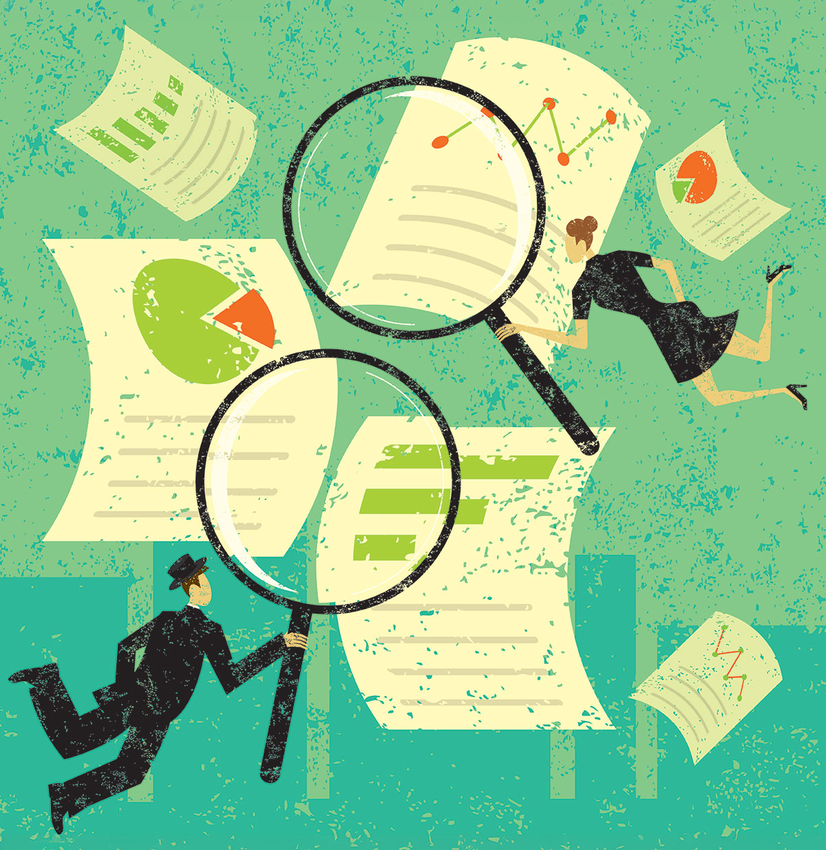 Illustration on green background with people and graphs, charts, and magnifying glasses