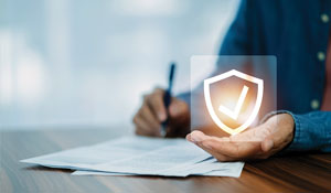 A blurred image of a person writing with one hand and a shield with a check mark in the other