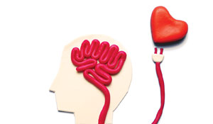 An illustration of a head with a brain that is plugging into an external heart