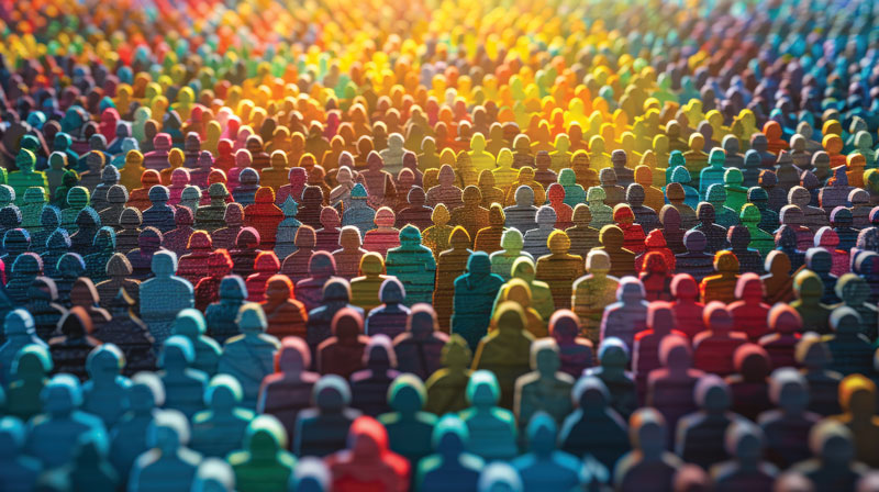 Photo of hundreds of wooden human figures in different colors and shapes
