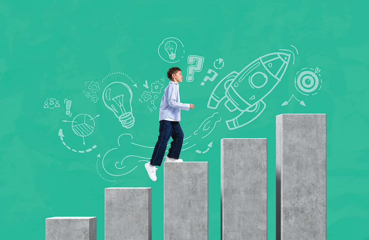 Illustration of a person walking up gray rectangular concrete posts, set against a green background with chalk drawings.