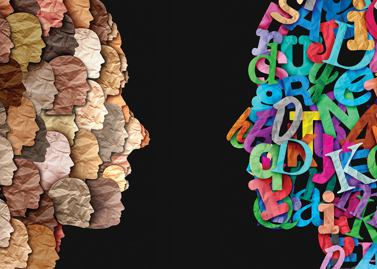 Illustration of two heads facing each other. One has diverse skin color faces all over it, looking forward, and one has colorful letters all over it
