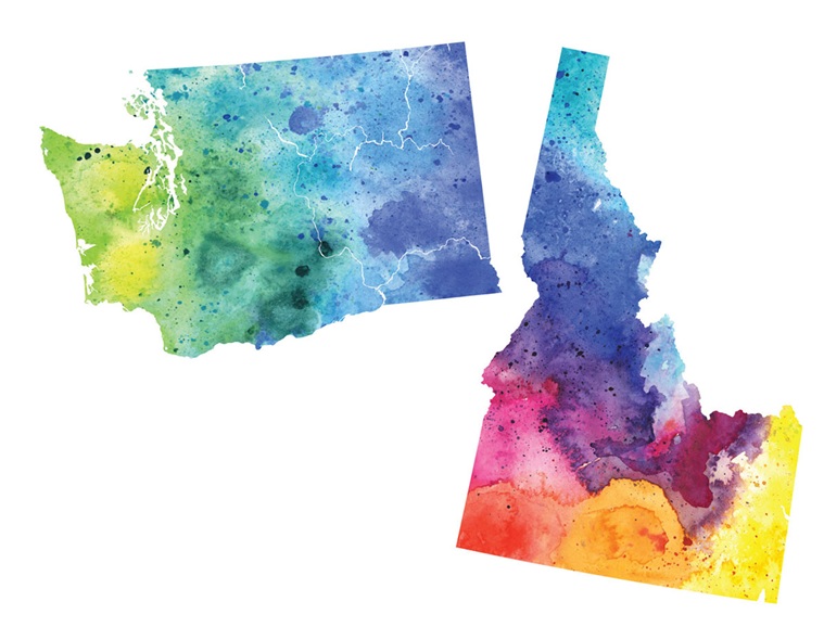 Idaho and Washington state with watercolors, including blue, green, and purple, red, orange, and yellow