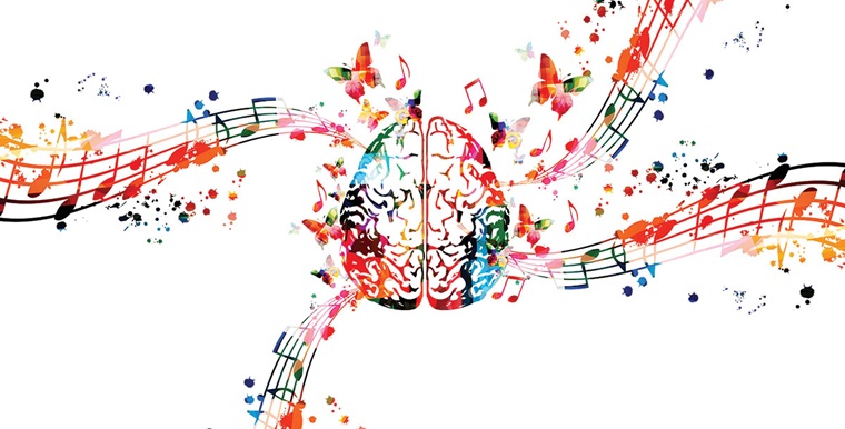 Illustration of a brain with music flowing to and from it, including musical notes and butterflies.