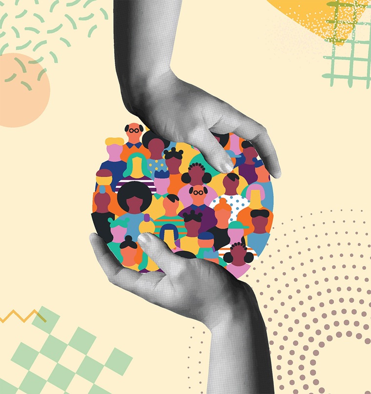 Two hands holding an illustration of a circle, which is made up of diverse human faces