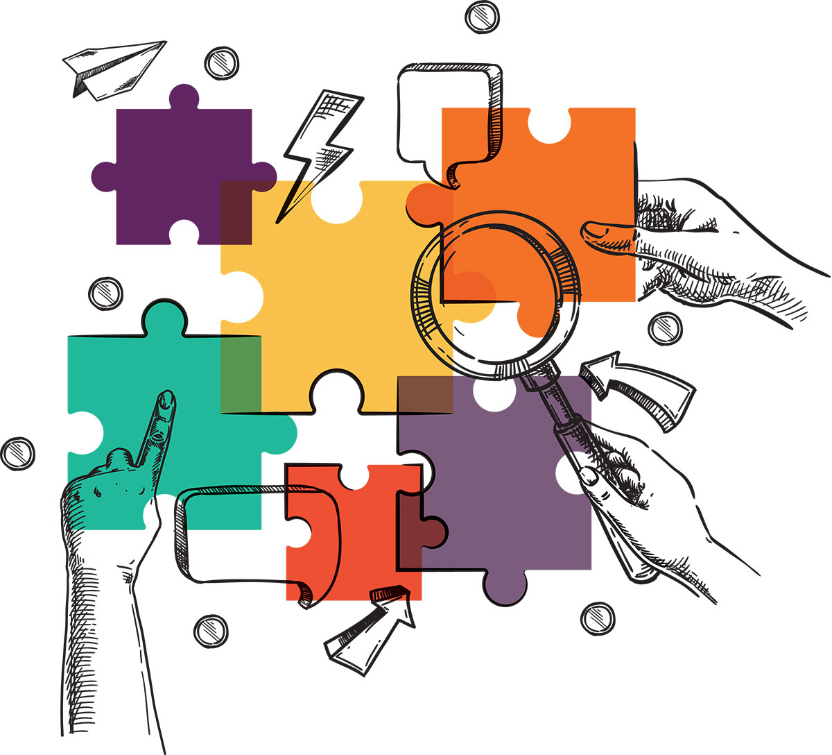 Illustration of colorful puzzle pieces with hands placing them