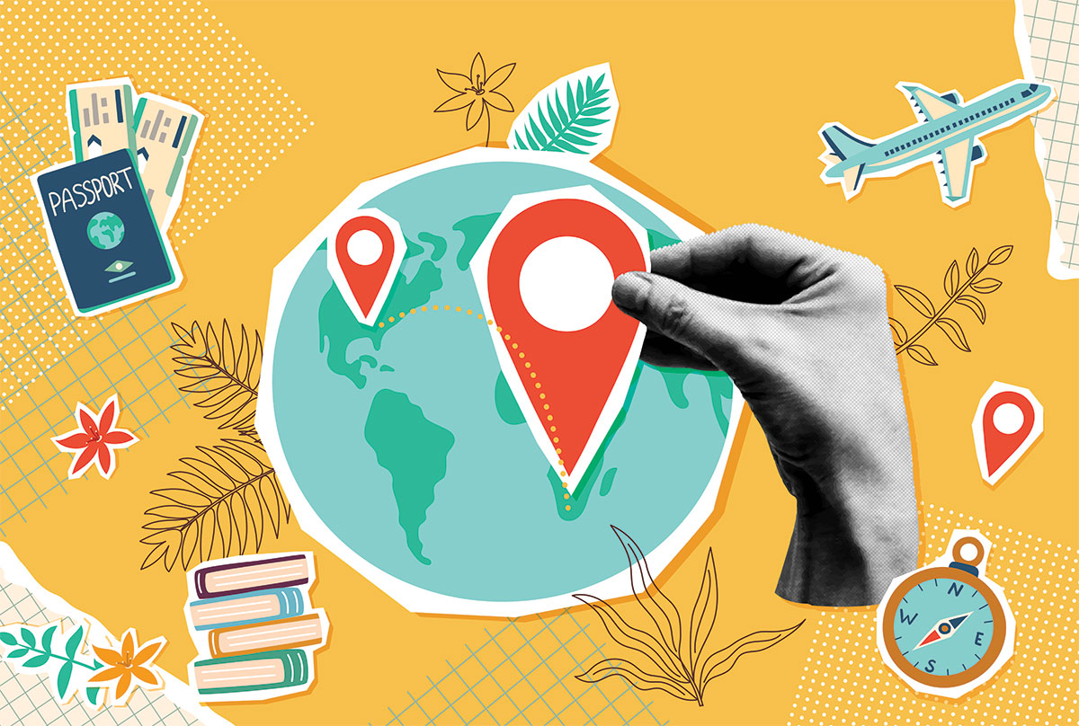 Colorful illustration of the globe with a location pin and also a passport, airplane, books, and a compass