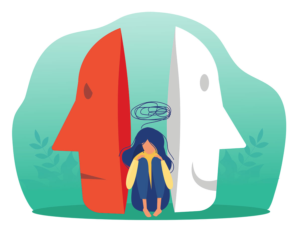 Illustration of faces, back to back, with one smiling and one not. There is a person in the middle, sitting, with squiggles drawn over their head.