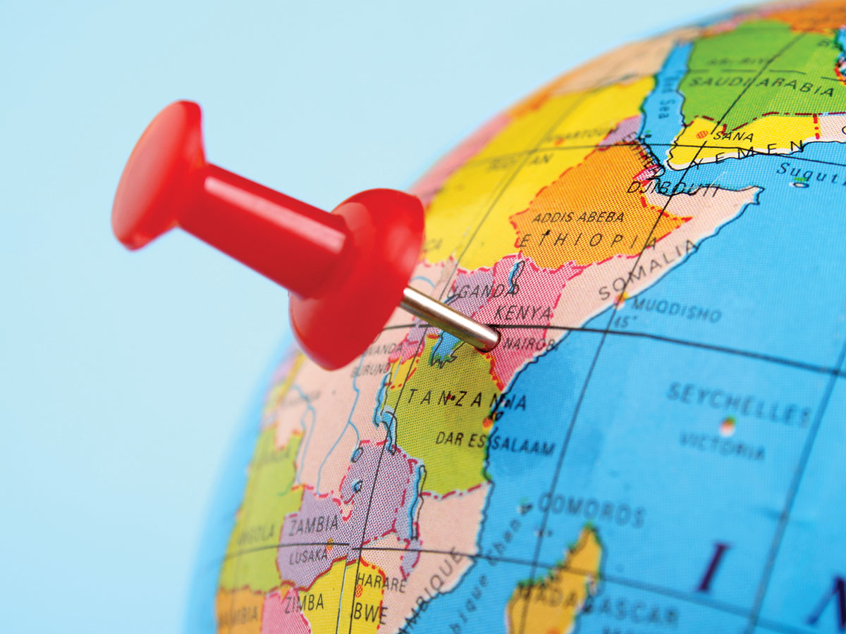 A globe with a red push pin in it