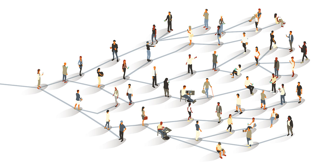 an illustration of people walking and moving all around, connected by lines