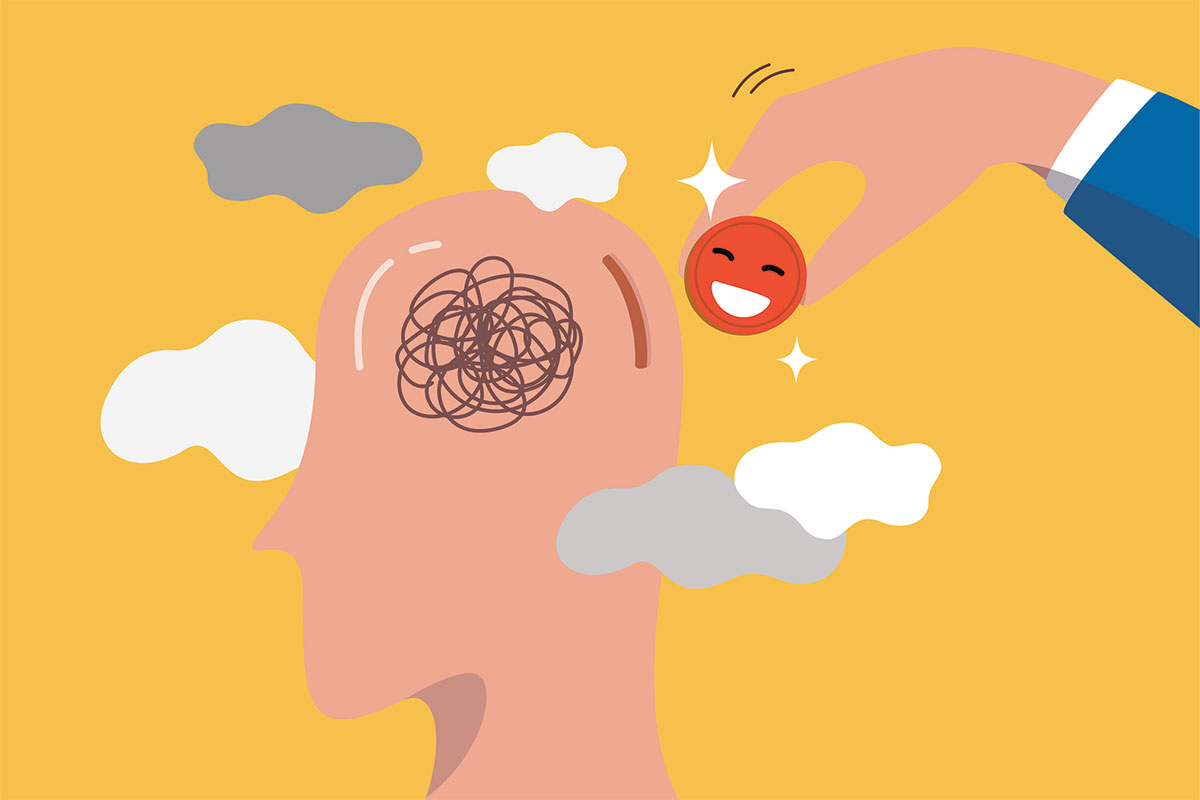 Illustration of head, surrounded by clouds, with squiggles drawn on it and a coin slot in it, and a hand putting a coin in the slot.