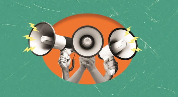 Orange background with hands holding active bullhorns on a green backdrop