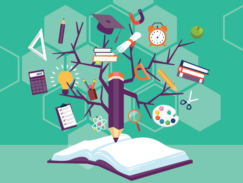 An illustration of a pencil tree with branches holding a calculator, clock, books, a palette, light bulb, mortar board, and more, resting on an open book.