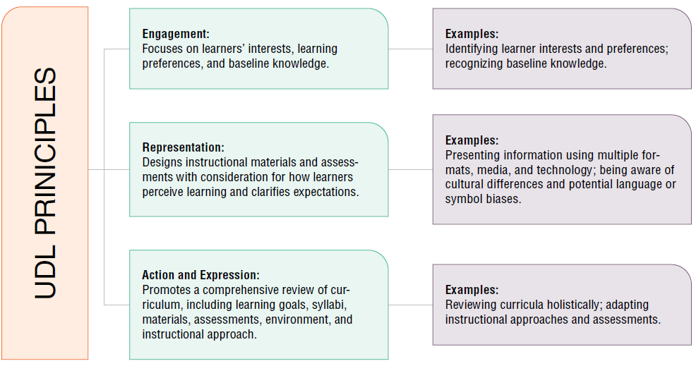 UDL Principles - engagement, representation, and action.