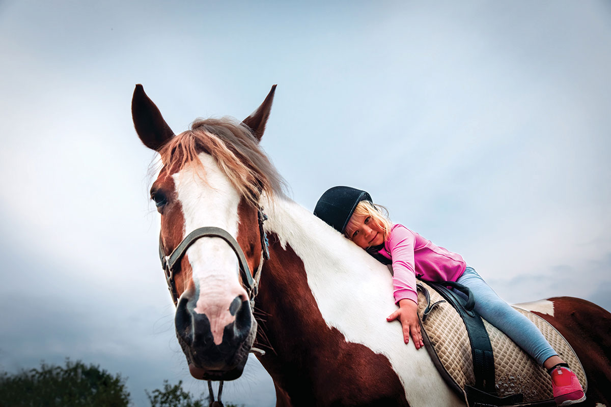 Child on horse hugging it