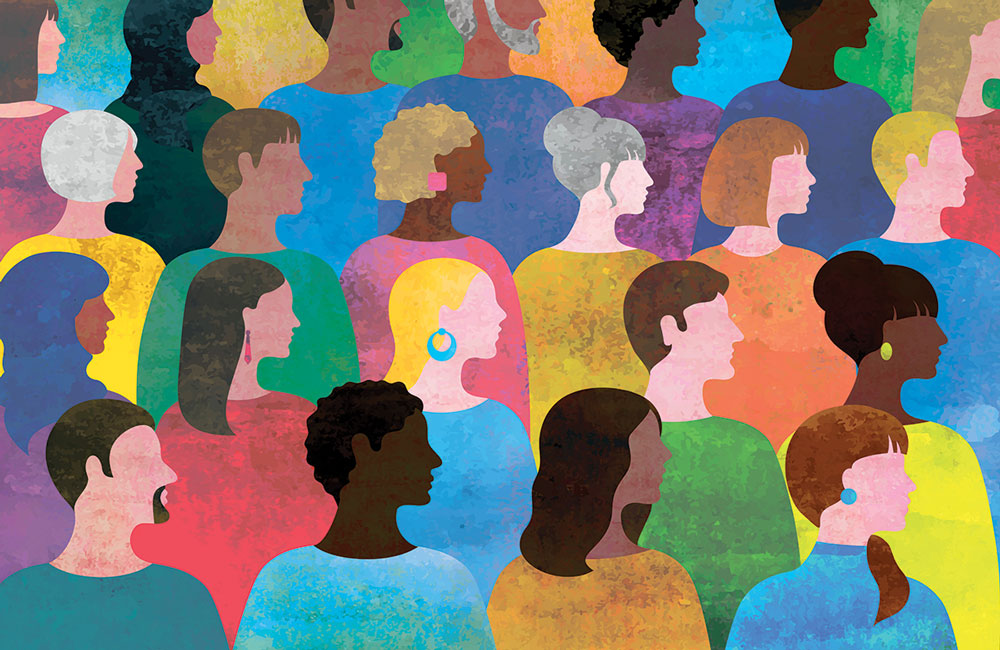 Illustration of diverse people's heads in colorful clothing