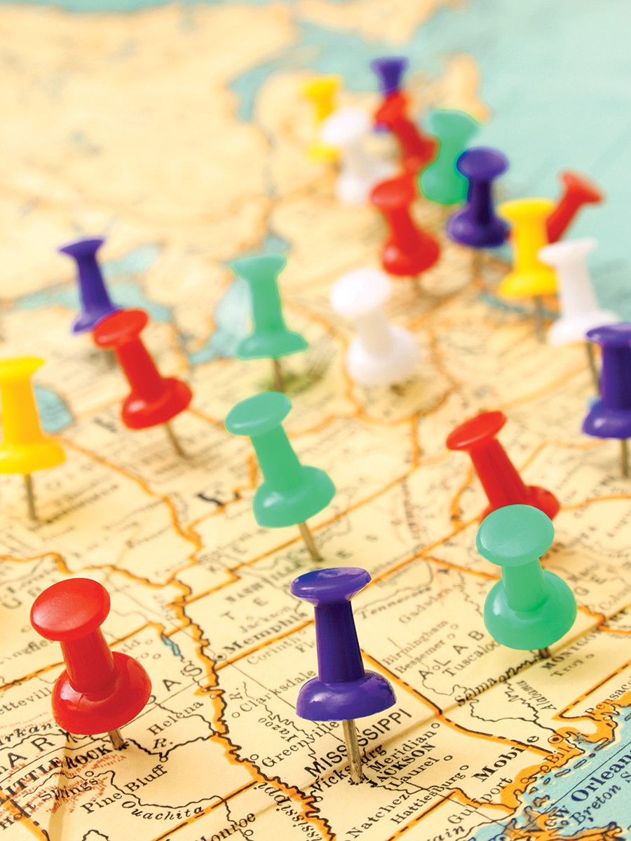A map with colorful pins in it