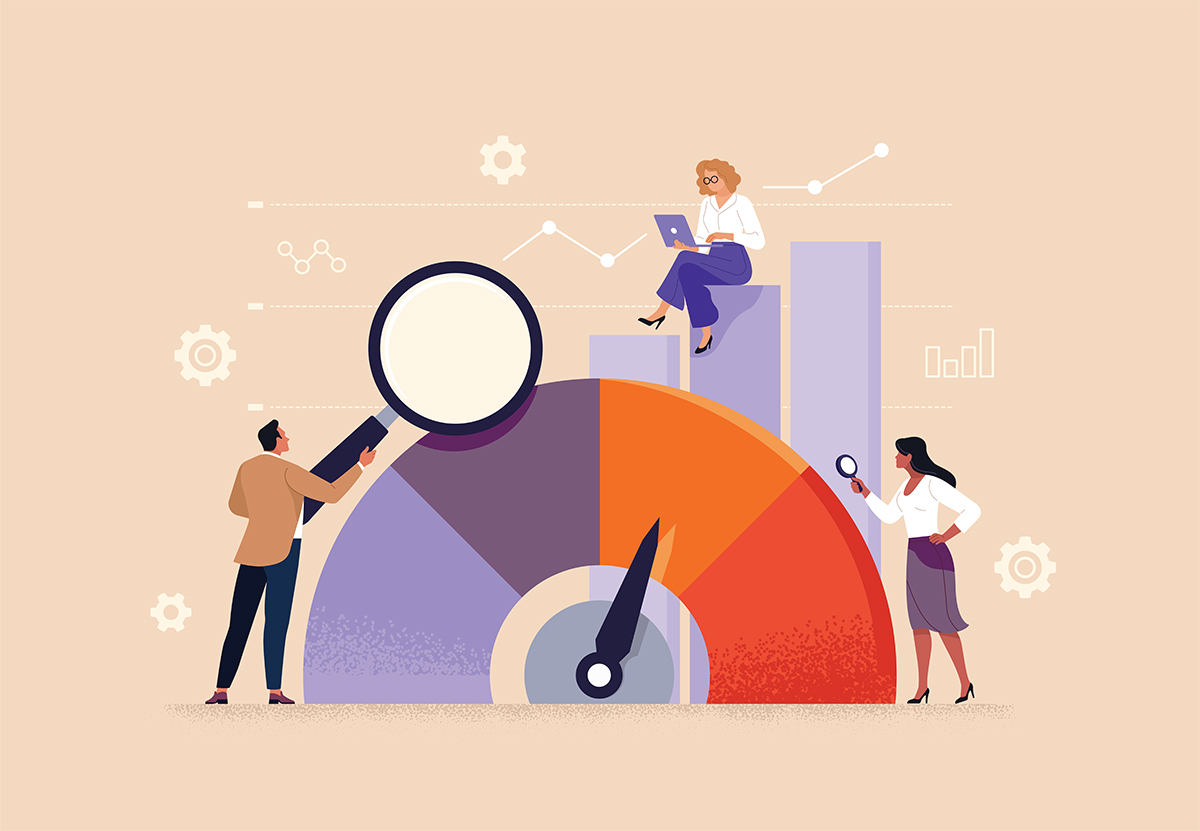 Illustration of a meter with an arrow and people around it sitting on graph bars, and one is holding a magnifying glass