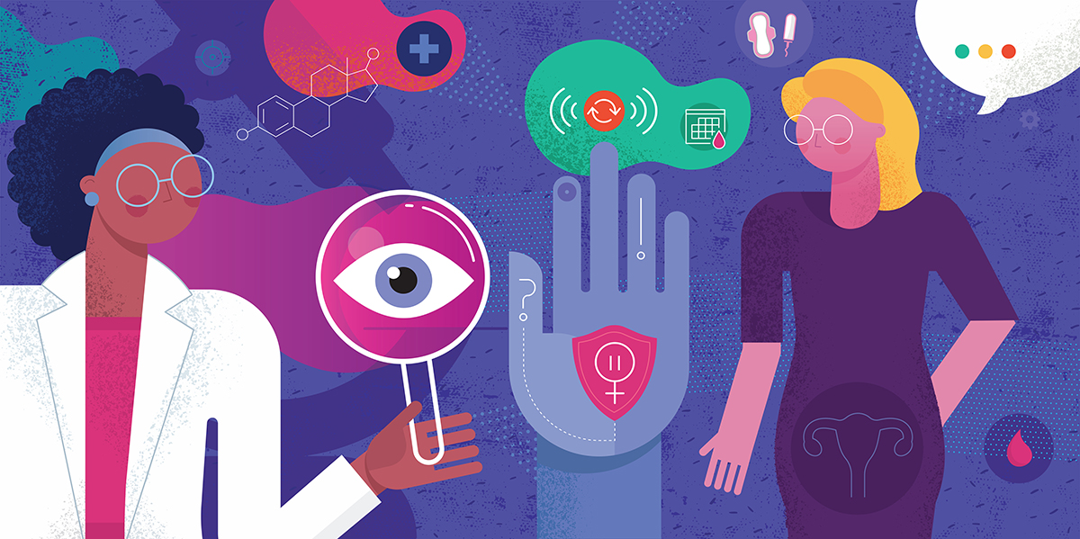 Colorful illustration of two women. One is holding a magnifying glass over an eye, and there are menstrual management items as well.