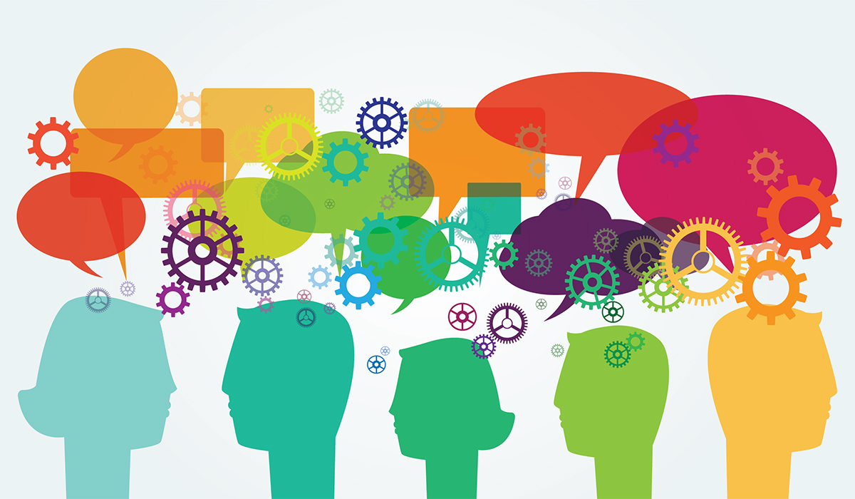 Colorful heads with colorful gears / thought bubbles coming out of their heads