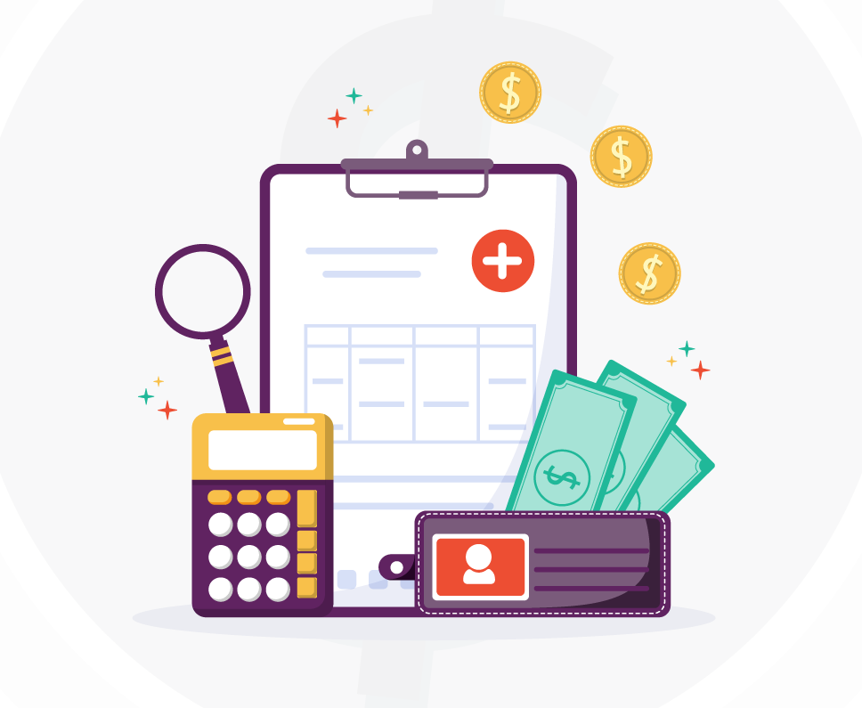 Graphic of a group of items: calculator, magnifying glass, clipboard, and wallet with money