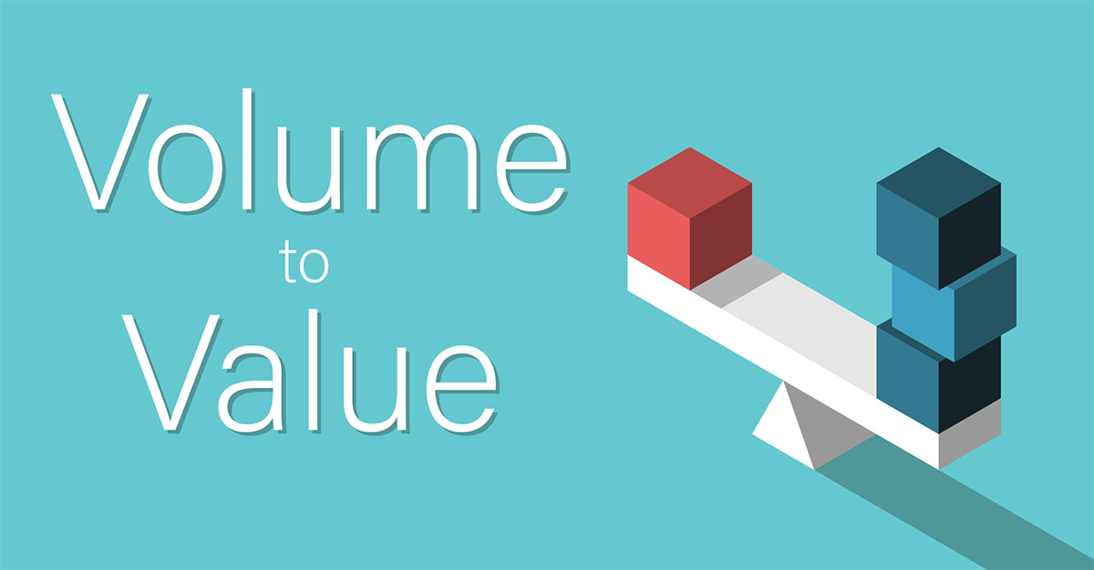 Volume to value. Boxes on a balance scale.