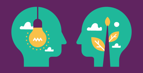Illustration of two heads. One on the left has a lightbulb and clouds; the right one has a sprouting plant with clouds.