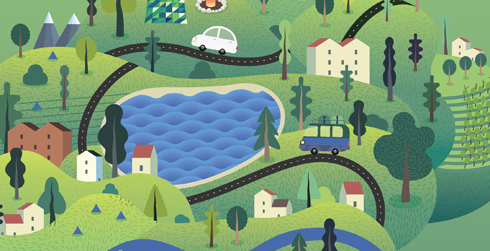 Illustration of a countryside village with a road running through the village. Trees, houses, a small lake, and mountains are all represented.