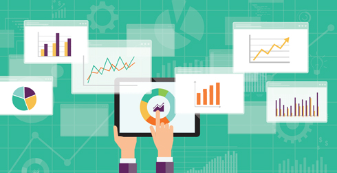 Illustration of many graphs and charts, with hands touching one in forefront, on green background.