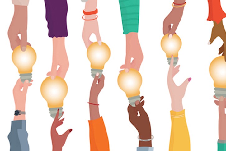 Illustration of hands reaching for other hands holding light bulbs